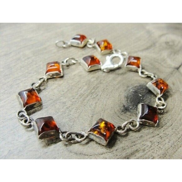 925 Sterling Silver Bracelet Square Dark Amber Square Stones HM - Picture 2 of 6